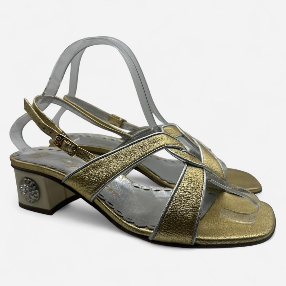 Vintage Y2K Juicy Couture Gold Metallic Rhinestone Heel Sandals Shoes 7.5